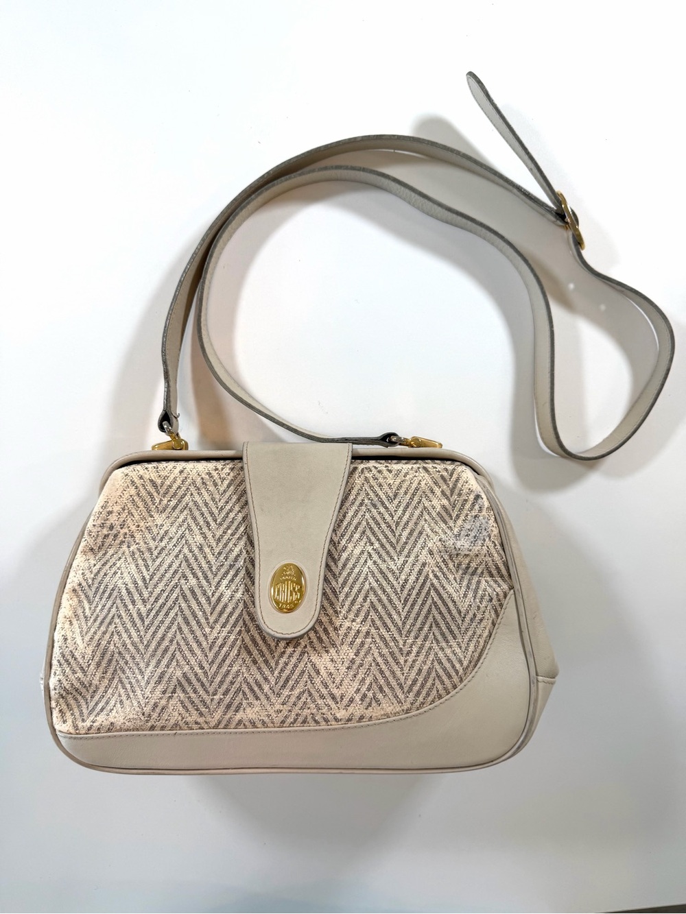 Mark Cross Vintage Herringbone Canvas Ivory Leather Crossbody Bag